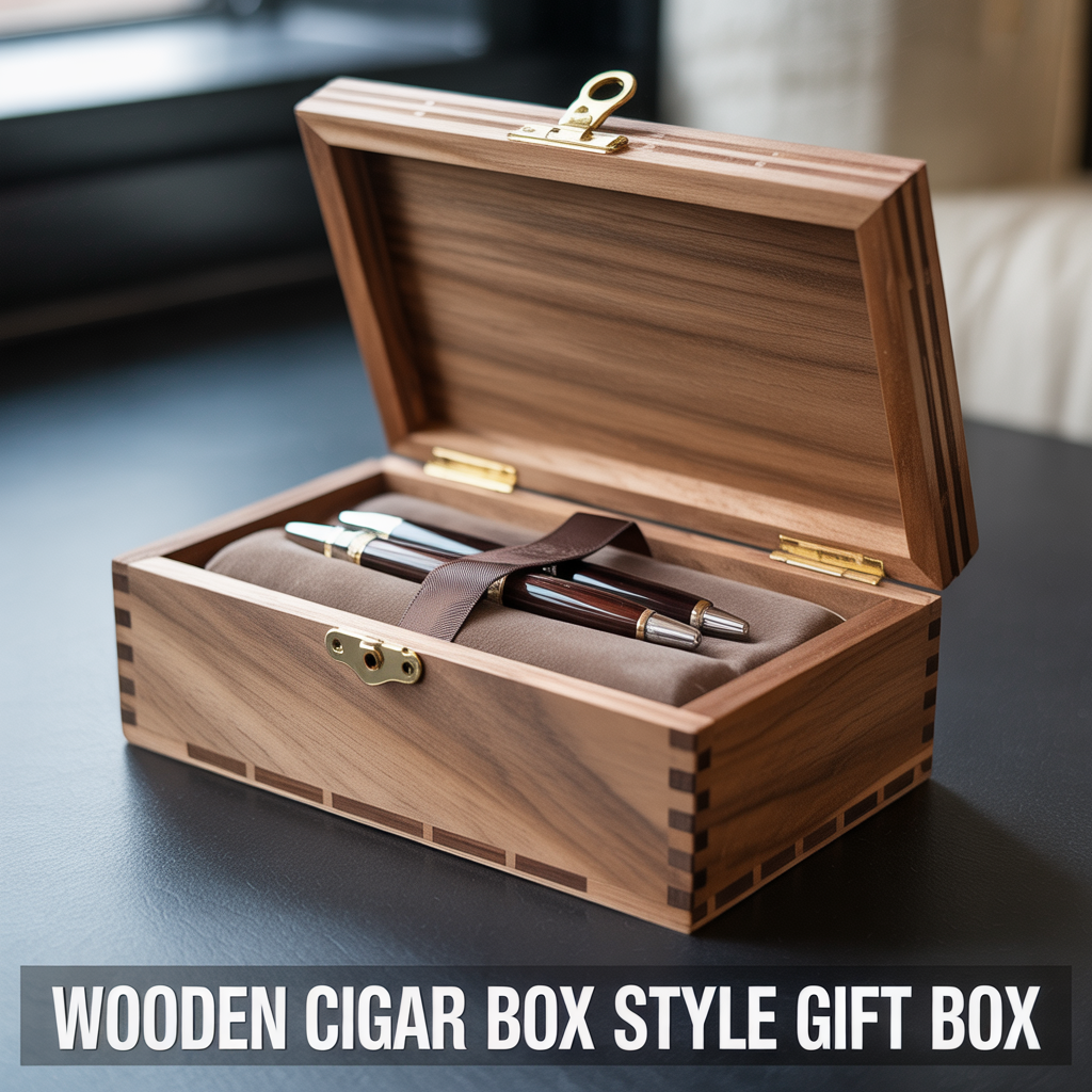 A minimalist wooden cigar-style gift box with a smooth hinged lid and a clean, professional finish.