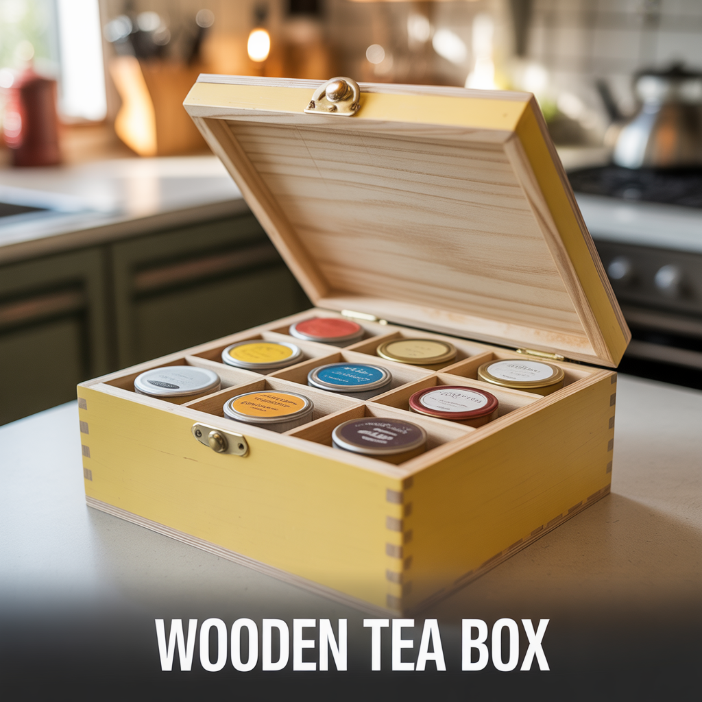 A minimalist wooden tea box with divided compartments, a smooth natural finish, and clean studio lighting.