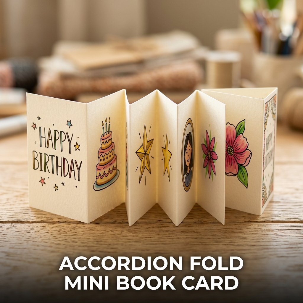 A unique, six-panel accordion fold booklet card stretched out to show a series of small colorful hand-drawn illustrations and sweet captions
