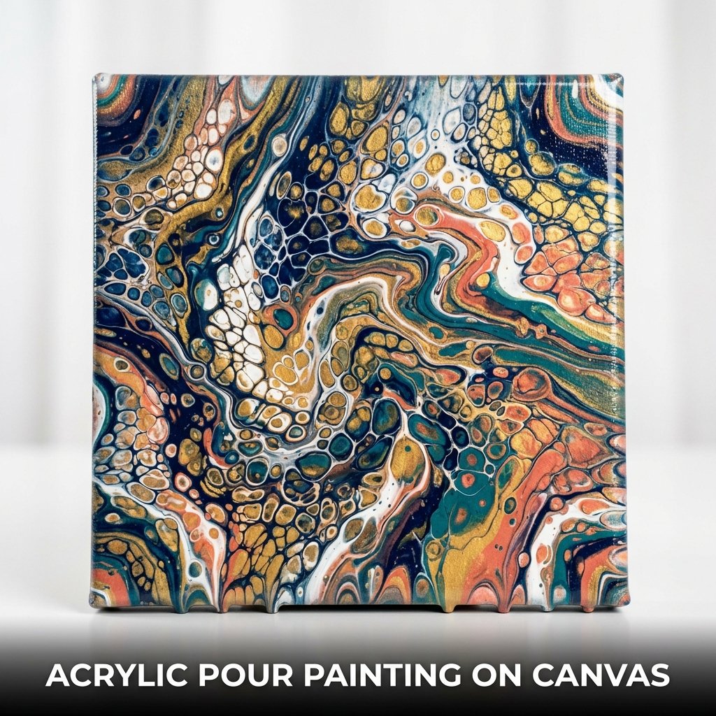 Acrylic pour painting on canvas with abstract swirled colors and fluid art texture