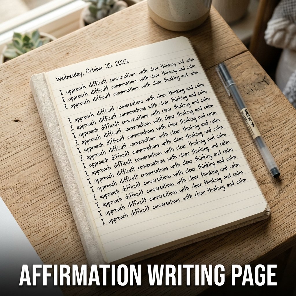 A beautifully spaced journal entry where a single positive mindset affirmation is written repeatedly in clean, uniform lines down the page