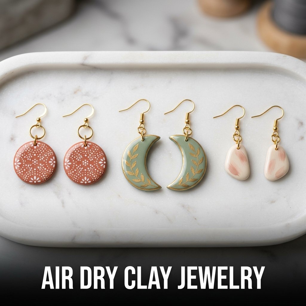 Air dry clay earrings and handmade jewelry crafts painted with acrylic colors