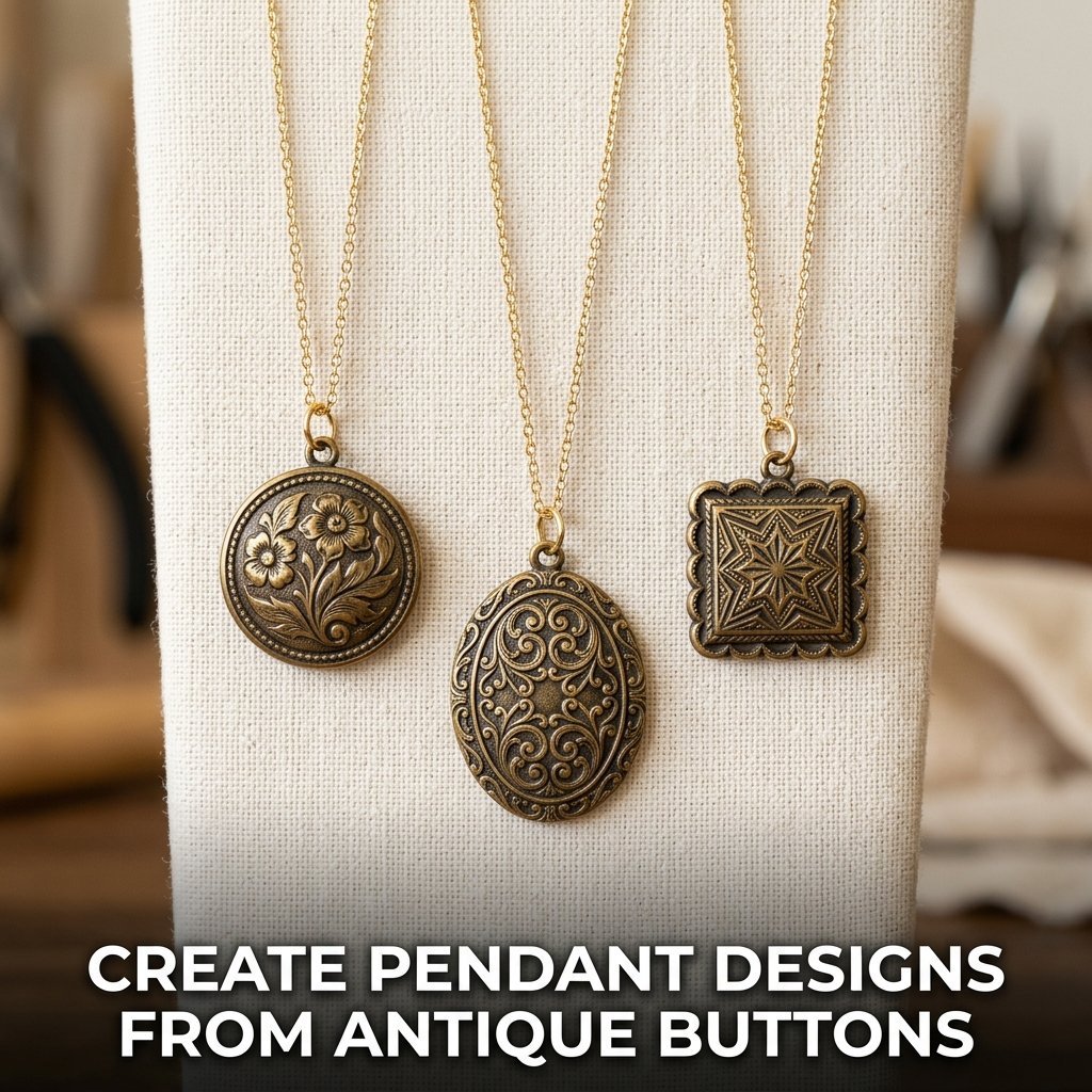 Several ornate brass and glass antique buttons hanging from thin silver chains as minimalist necklaces