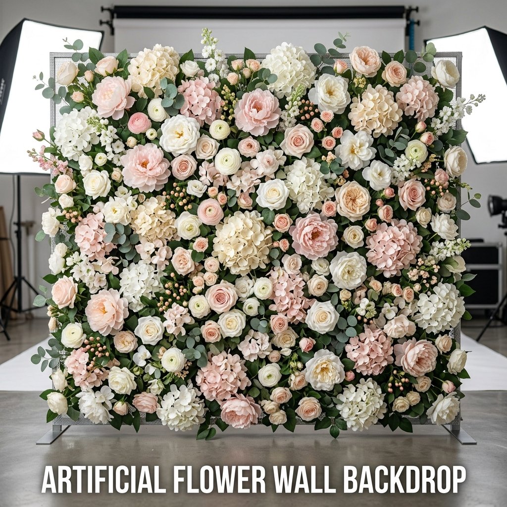 A lush, dense grid panel filled entirely with high-quality faux silk peonies, roses, and white baby's breath blossoms