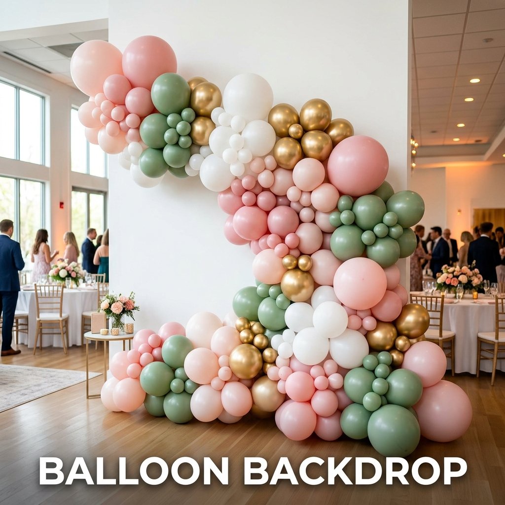 A vibrant and modern balloon garland backdrop showcasing an organic mix of matte pink, white, and metallic gold latex balloons inflated to various sizes