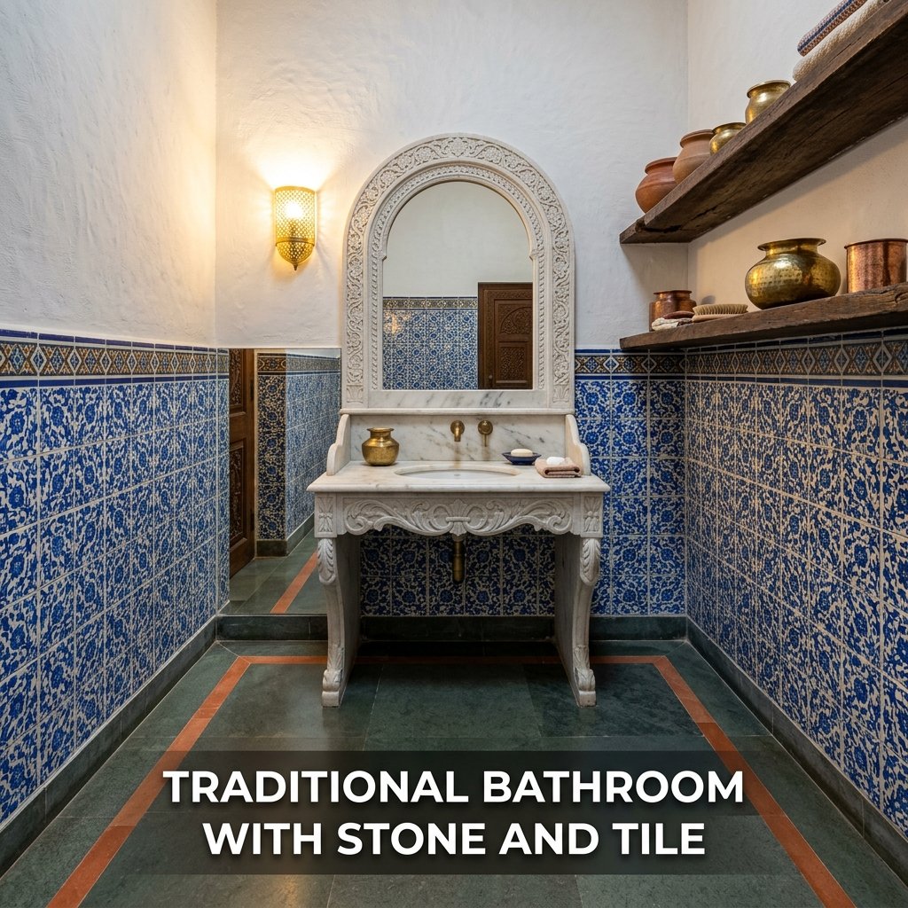 A luxurious bathroom interior showcasing polished green Kota stone flooring and vibrant, hand-painted blue and white Multani ceramic tiles on the lower walls