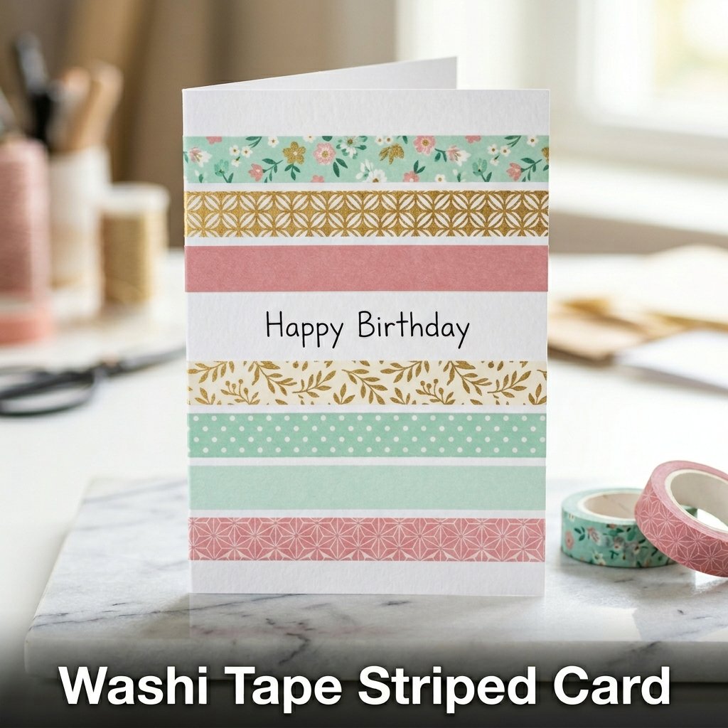 A clean, white card decorated with horizontal stripes of vibrant patterned blue, green, and gold metallic washi tape