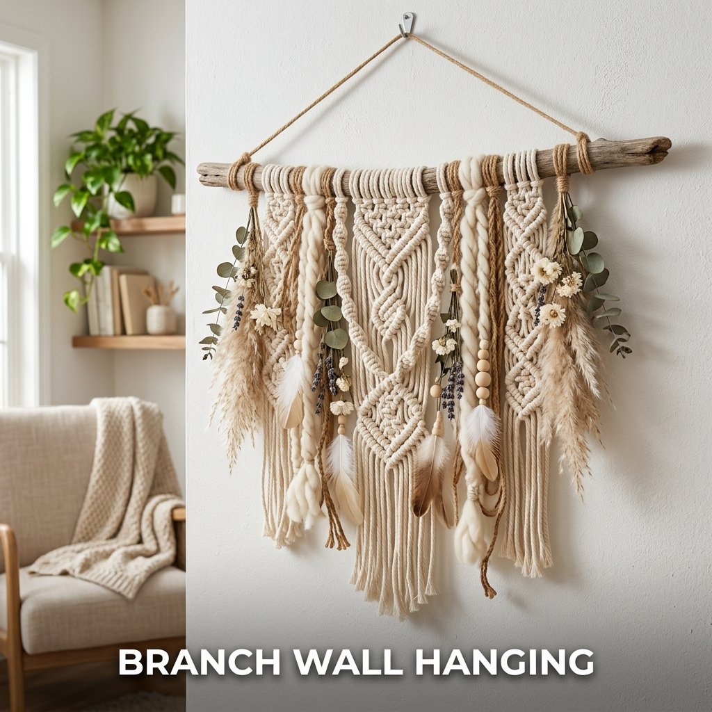 A bohemian-style wall decoration featuring a horizontal birch branch with long strands of cream, dusty rose, and sage green yarn cascading downward in a clean pattern.