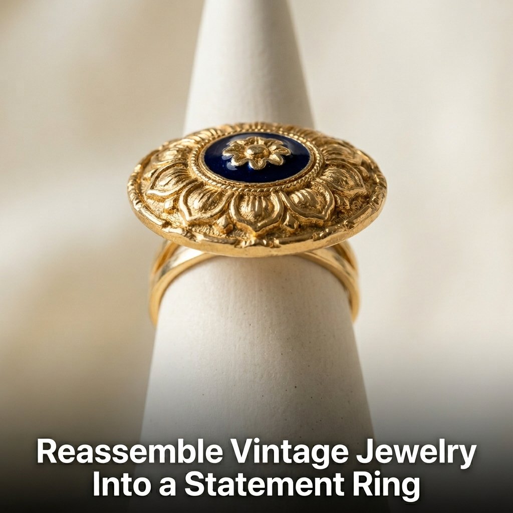A bold, oversized vintage enamel earring transformed into a statement ring using an adjustable silver base