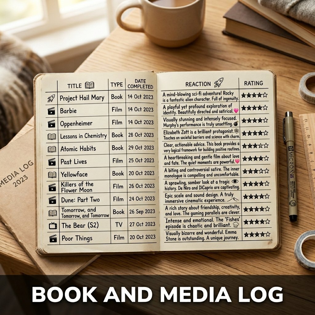 A hand-ruled media journal table tracking book titles, completion dates, and short written reviews alongside tiny drawn rating stars