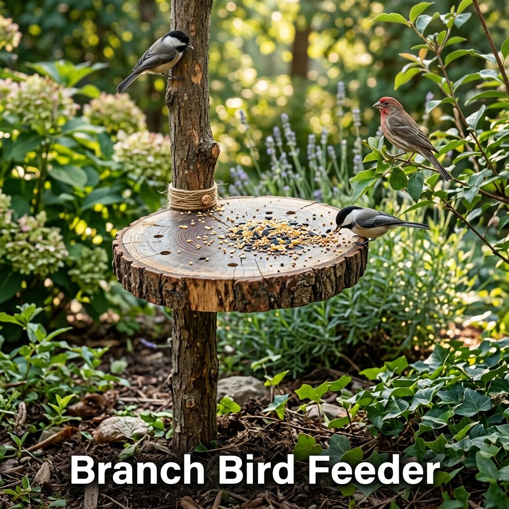 A rustic garden bird feeder featuring a wide, flat wood slice tray with small drainage holes, securely mounted onto a tall vertical wooden post