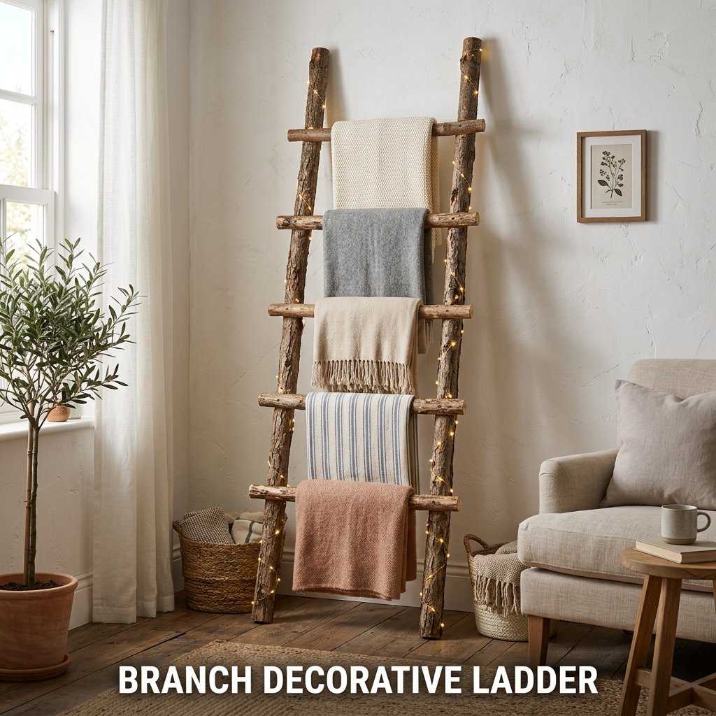 A five-foot-tall decorative ladder crafted entirely from thick branches, leaning gracefully against a living room corner wall while holding cozy folded blankets.