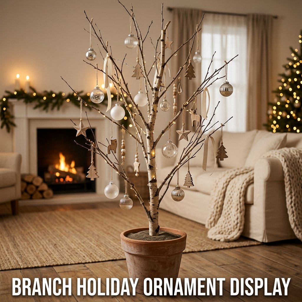 A beautiful bare birch branch standing upright in a heavy cement-filled pot, its delicate side twigs decorated with minimalist white and glass bauble ornaments