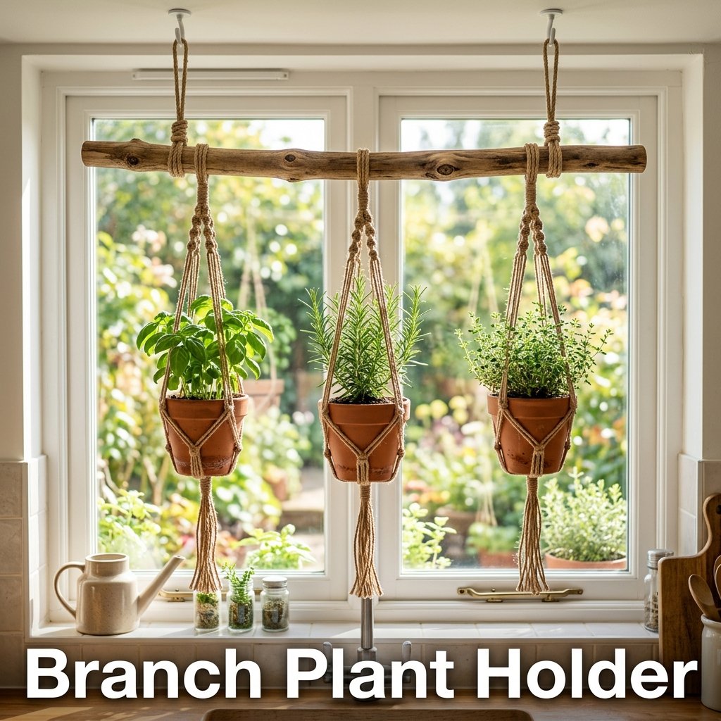 A sturdy tree branch suspended horizontally in front of a window, holding three small terracotta pots in handmade macrame rope hangers