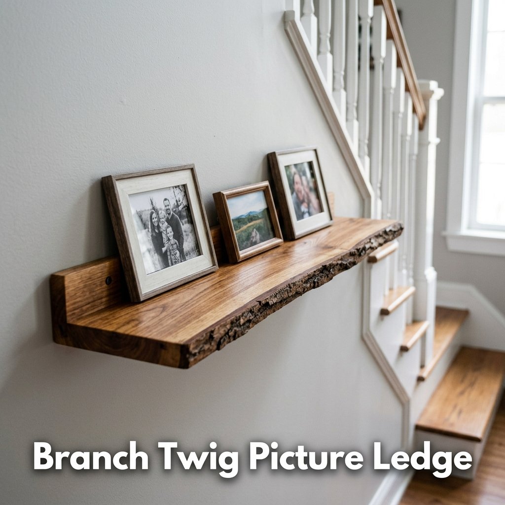 A thick, angled branch slice mounted flat against a wall, serving as a mini ledge that safely displays a row of small leaning art prints