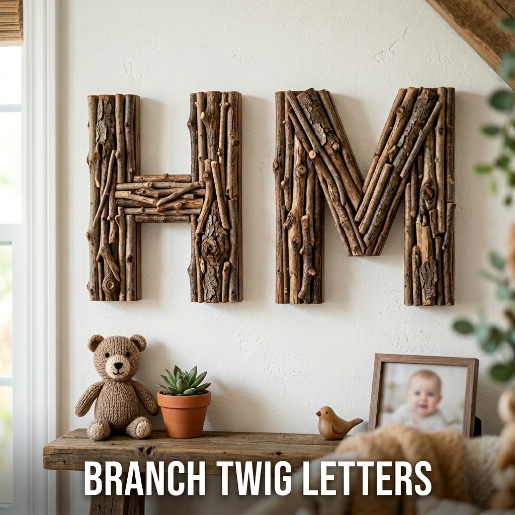 Large decorative wall initials created by hot-gluing small, cross-cut willow twigs in a dense mosaic pattern over a sturdy cardboard letter backing