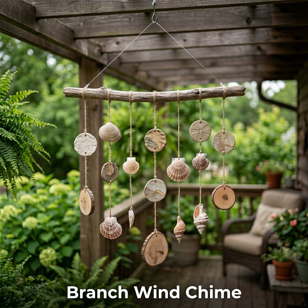 A natural branch wind chime hanging from a porch ceiling, featuring several vertical pieces of twine suspending handmade stamped clay discs that catch the breeze.