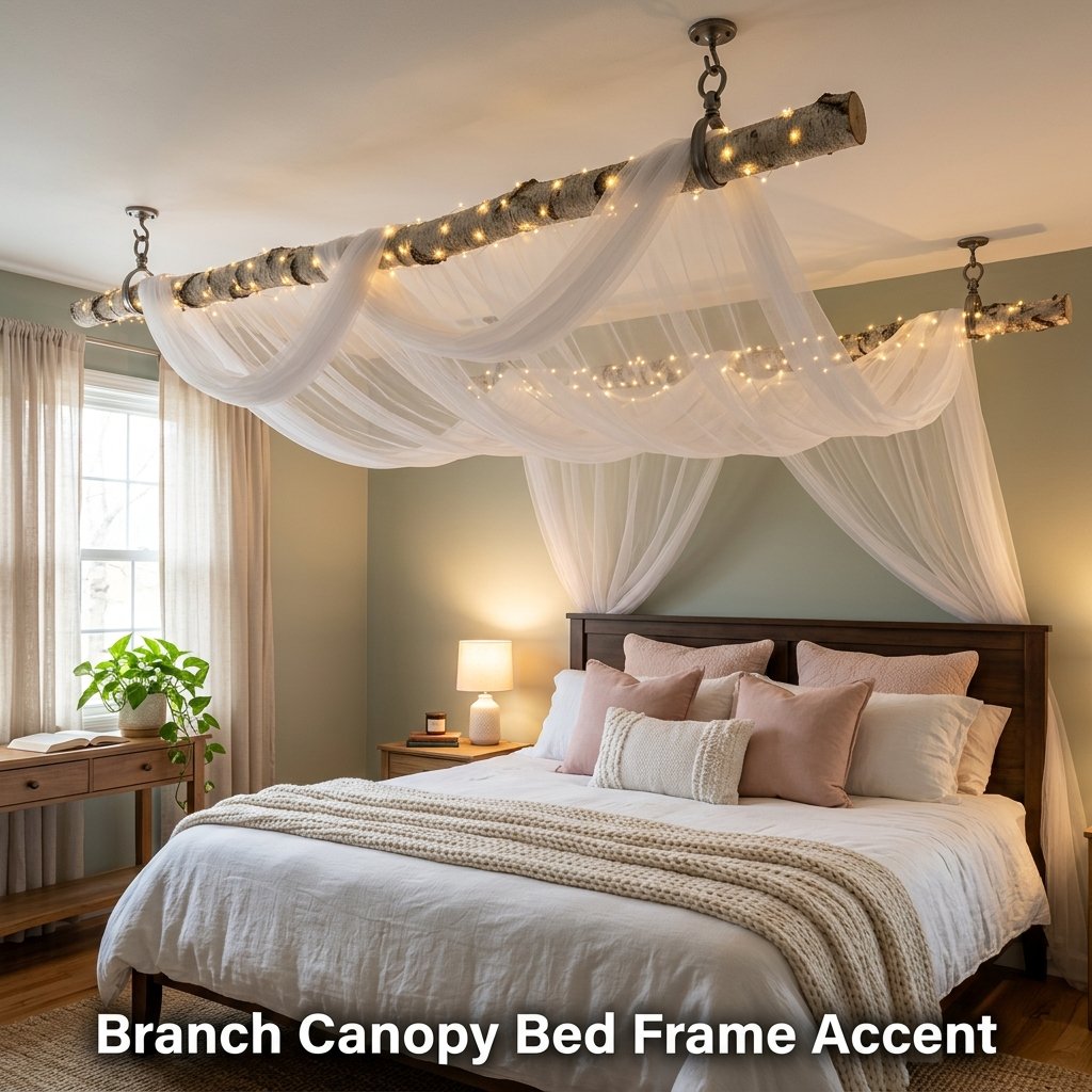 Two long, rustic birch branches suspended horizontally from a bedroom ceiling, draped with sheer white tulle fabric and intertwined with warm, glowing fairy lights.