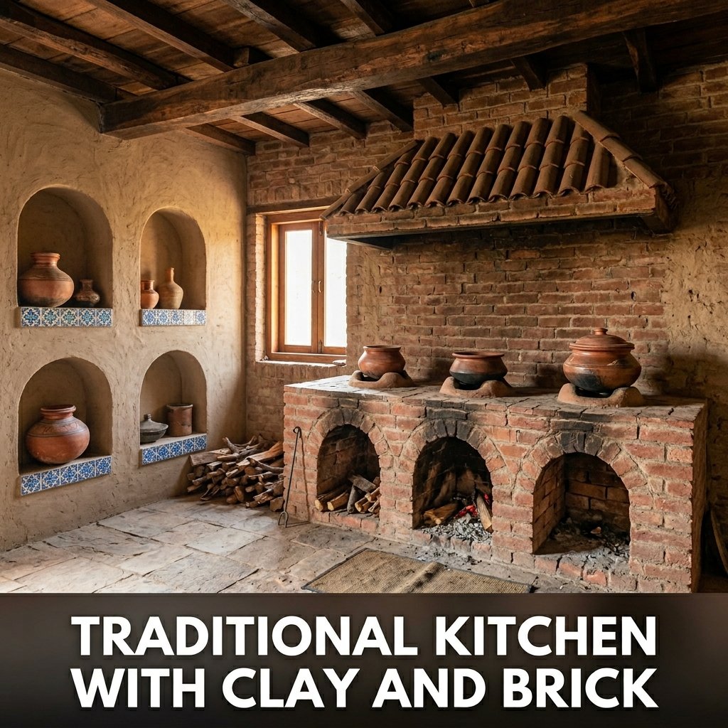A rustic kitchen design featuring a raised red brick cooking counter with built-in clay hearth rings and arched recessed wall alcoves storing copper pots