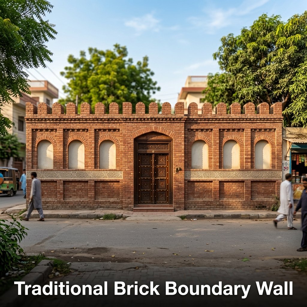 A tall, high-security street boundary wall constructed from red brick, detailed with recessed decorative blind arches and a crenellated top parapet