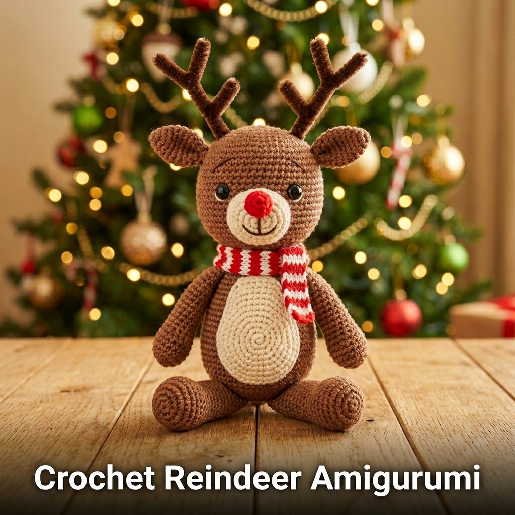 An adorable brown crochet reindeer with pipe cleaner antlers and a bright red pompom nose