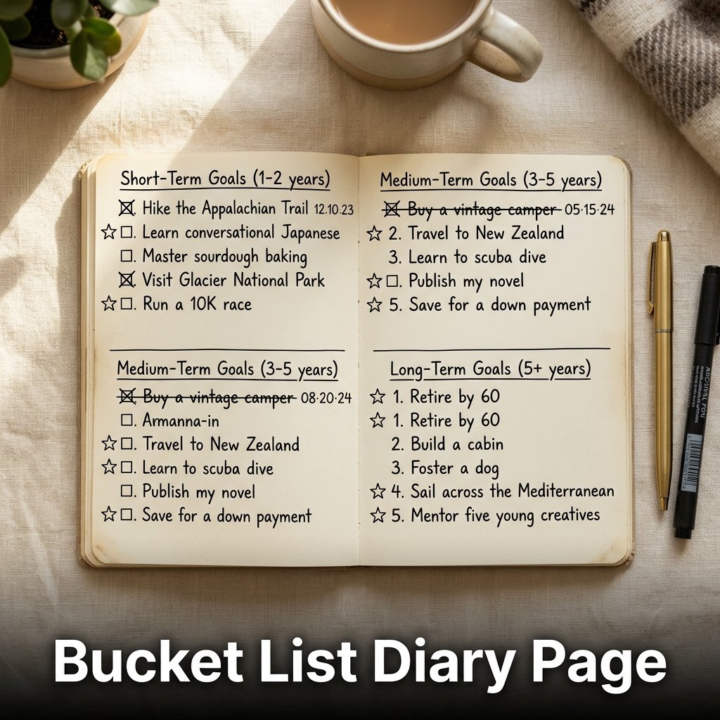 A neatly organized diary page split into three columns for short, medium, and long-term goals with small star icons marking the top priorities