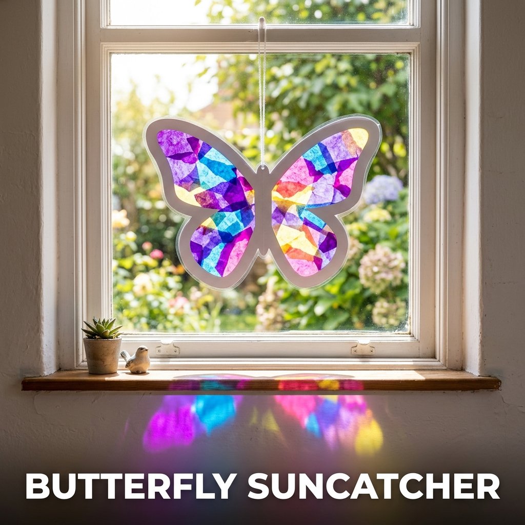 A translucent butterfly cutout filled with a mosaic of colorful tissue paper squares, glowing beautifully as it hangs against a sunny windowpane