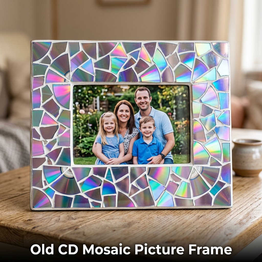 A dazzling square picture frame covered in irregular, shimmering broken pieces of scratched CDs, grouted with crisp white tile grout