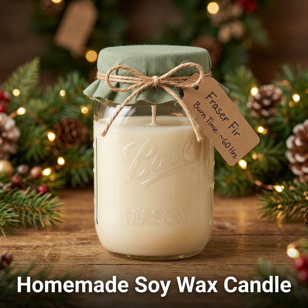 A cozy, hand-poured soy wax candle in a clear glass mason jar with a natural cotton wick and a rustic fabric lid