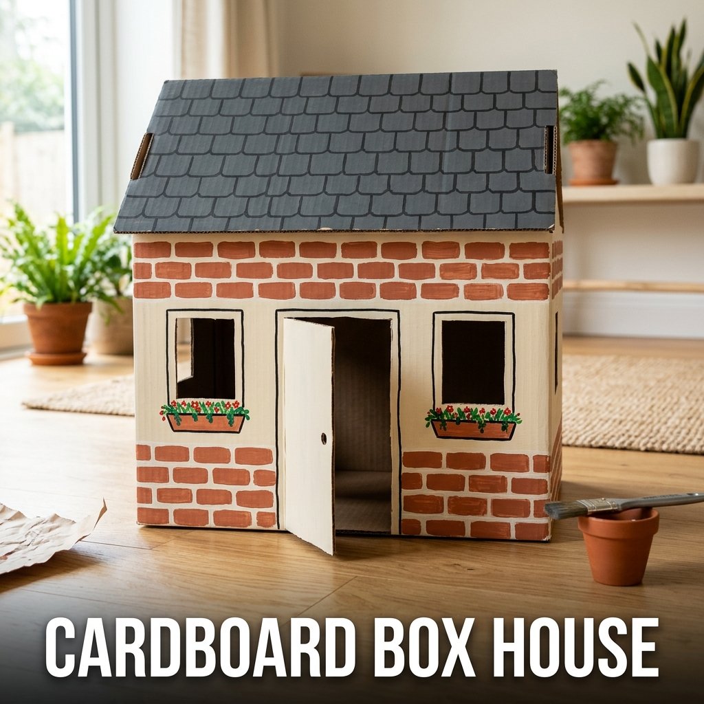 A mini toy house crafted from a medium cardboard box, complete with hand-cut rectangular windows, a functioning front door, and painted brick walls