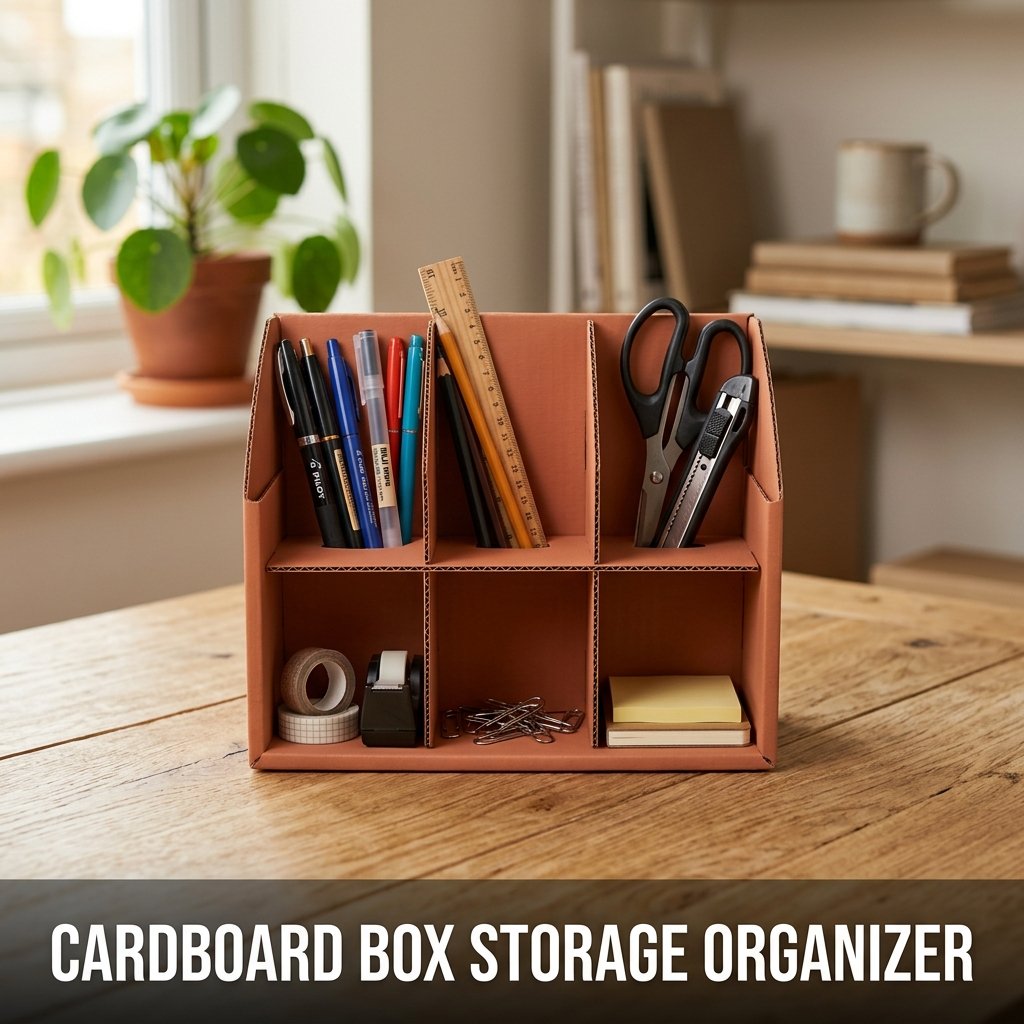 A durable desktop organizer made from an upcycled cardboard box, decorated with floral gift wrap paper and featuring interlocking internal dividers full of stationery