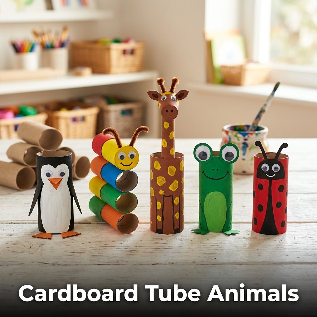 A small standing penguin figurine and a multi-colored five-segmented caterpillar, both handmade from recycled toilet paper rolls