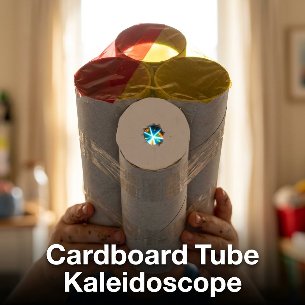 A simple optical toy constructed from three toilet paper rolls taped together, with children peering through a small viewing hole at the light.