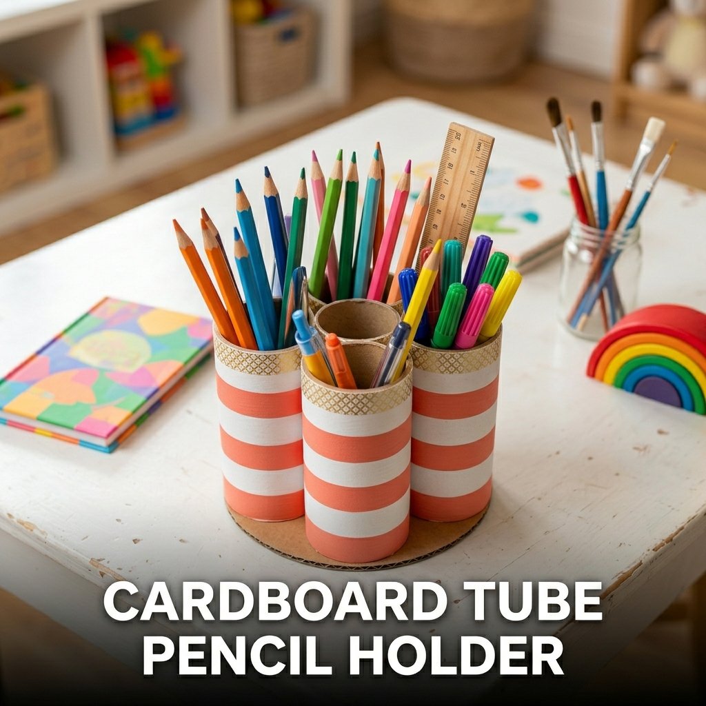 Six toilet paper rolls glued together in a tight cluster, painted in a modern two-tone pattern, and used as a multi-compartment pencil holder