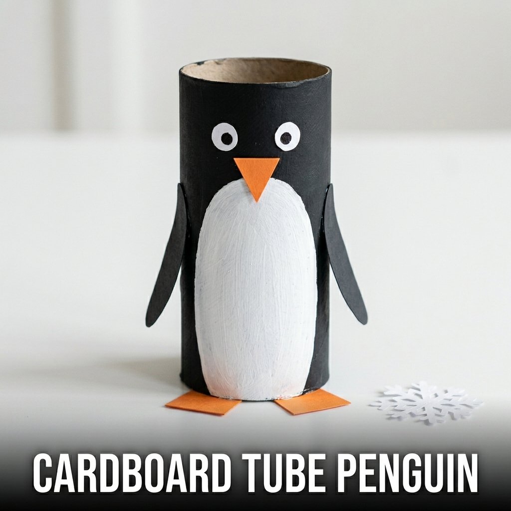An upright toilet paper roll painted black with a white oval belly and orange paper feet