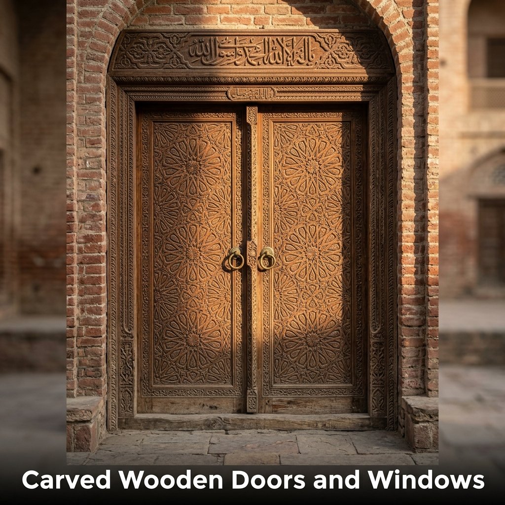 A majestic double entrance door made of solid, dark Sheesham wood, deeply engraved with intricate geometric interlace and floral arabesque patterns