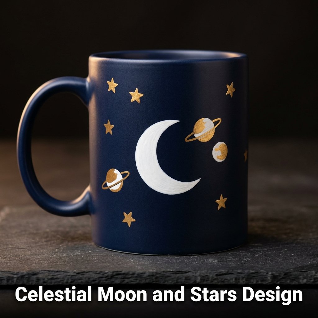 A stunning midnight blue ceramic mug painted with a brilliant white crescent moon and scattered, glistening metallic gold stars