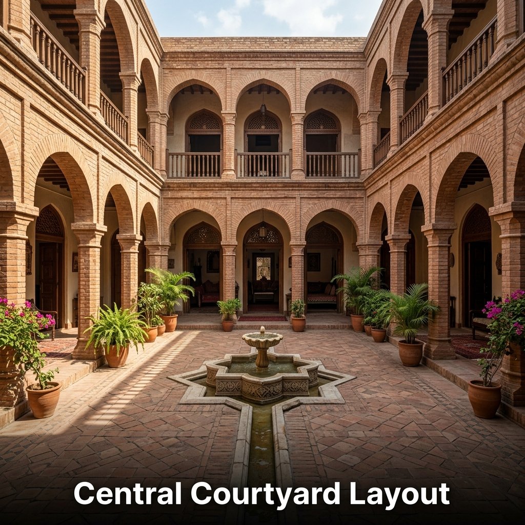 A spacious, open-air residential central courtyard in a Pakistani house, featuring a small white marble fountain, green potted palms, and a surrounding shaded brick verandah