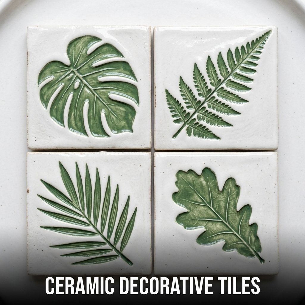 Decorative ceramic tiles with stamped patterns and colorful underglaze details