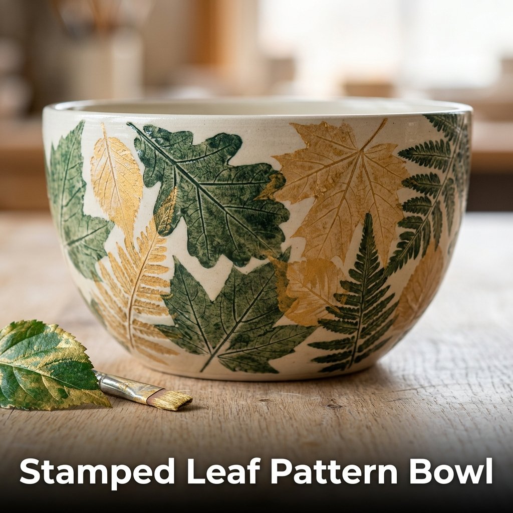 A rustic ceramic salad bowl featuring organic, highly detailed green and metallic gold leaf impressions stamped across its exterior surf