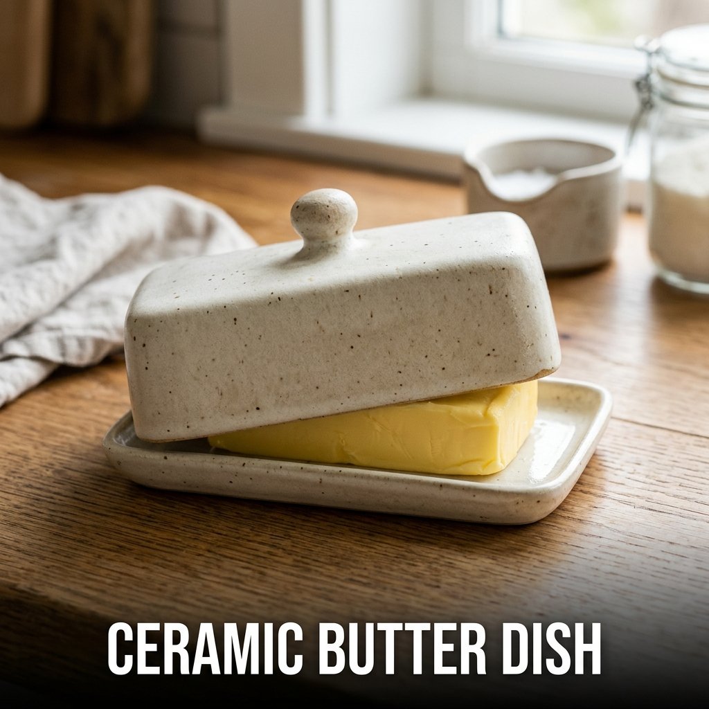 Handmade ceramic butter dish with fitted lid and glossy glaze finish