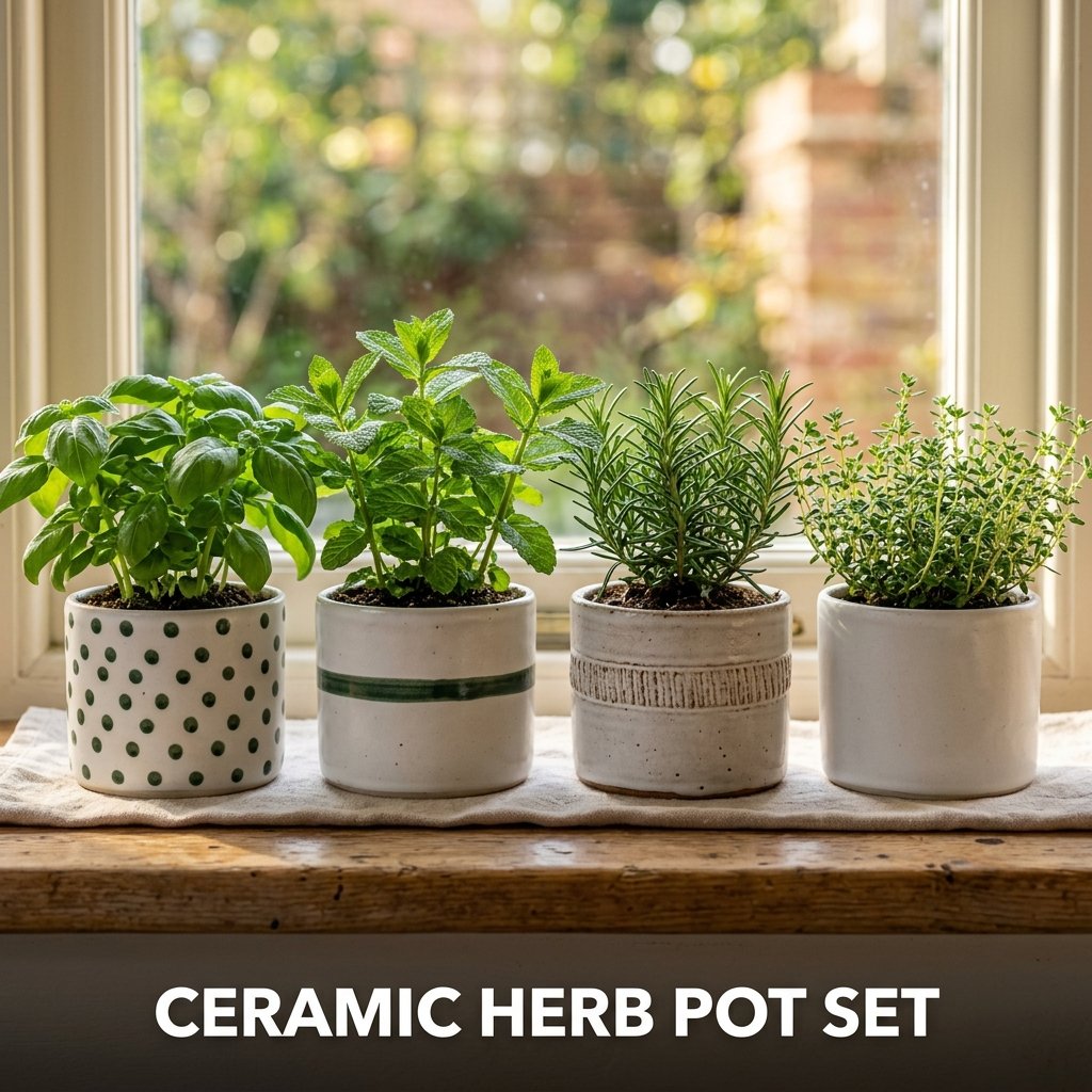 Matching ceramic herb pot set for growing kitchen herbs indoors