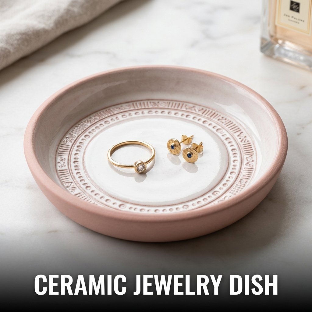 Small ceramic jewelry dish with blush pink glaze and textured handmade design