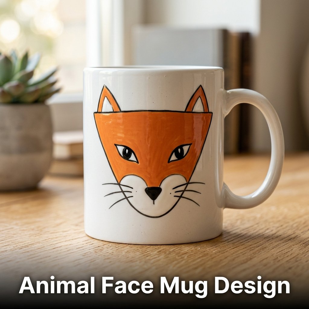 A cute white ceramic mug painted with a simplified cartoon fox face, showing bright orange cheeks, a tiny black nose, and clean black outlines