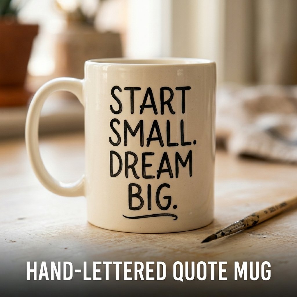 A personalized white ceramic coffee mug featuring a short inspirational quote hand-painted in elegant, clean black script lettering