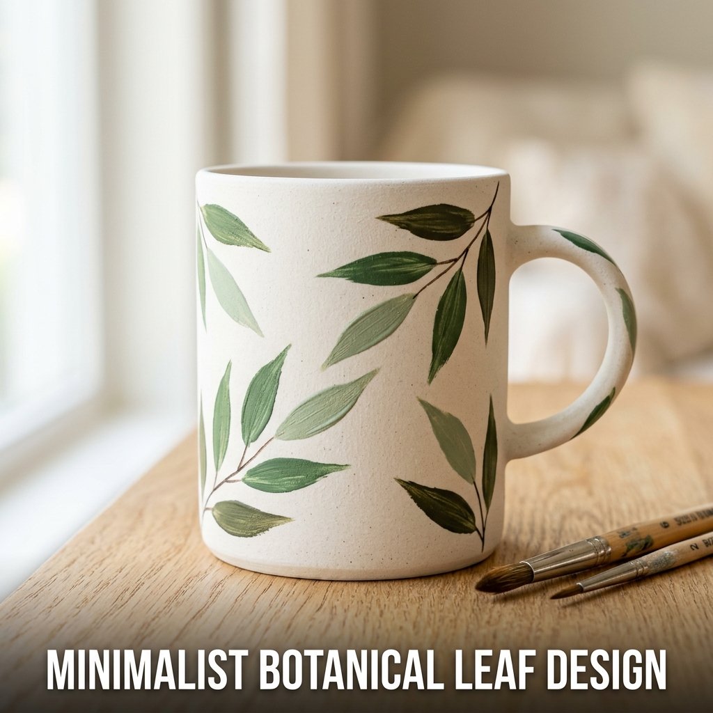 A clean white ceramic mug adorned with elegant, flowing leafy stems painted in rich olive and sage green brushstrokes