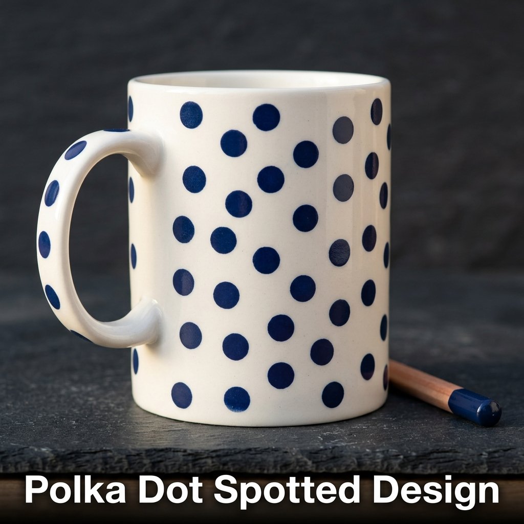 A set of four white ceramic bowls featuring a playful, uniform grid pattern of perfectly stamped pink, yellow, and navy blue polka dots