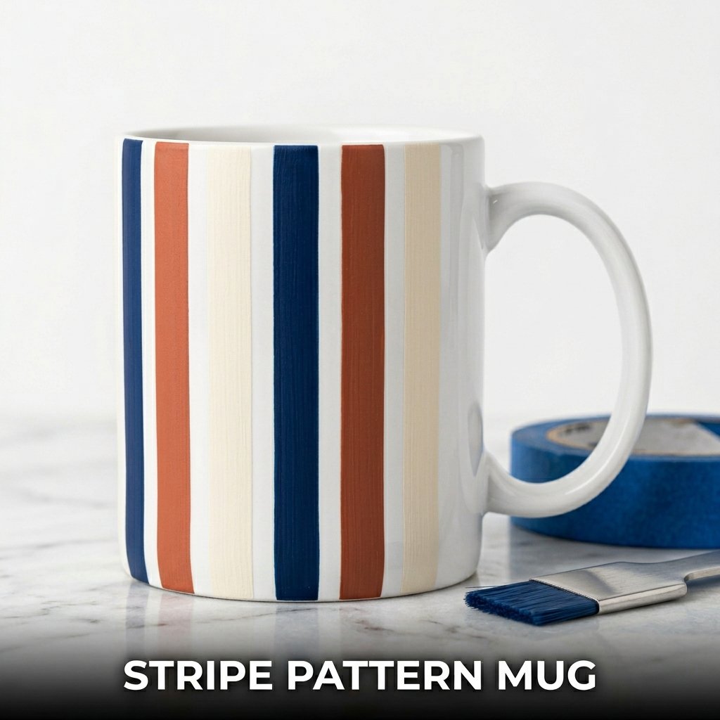 A ceramic mug decorated with perfectly straight, alternating horizontal stripes of deep navy and cream running evenly around its circumference