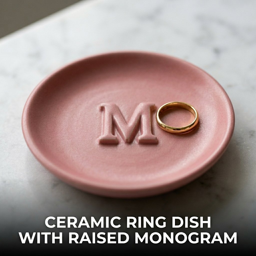 Personalized ceramic ring dish with raised monogram letter and matte glaze