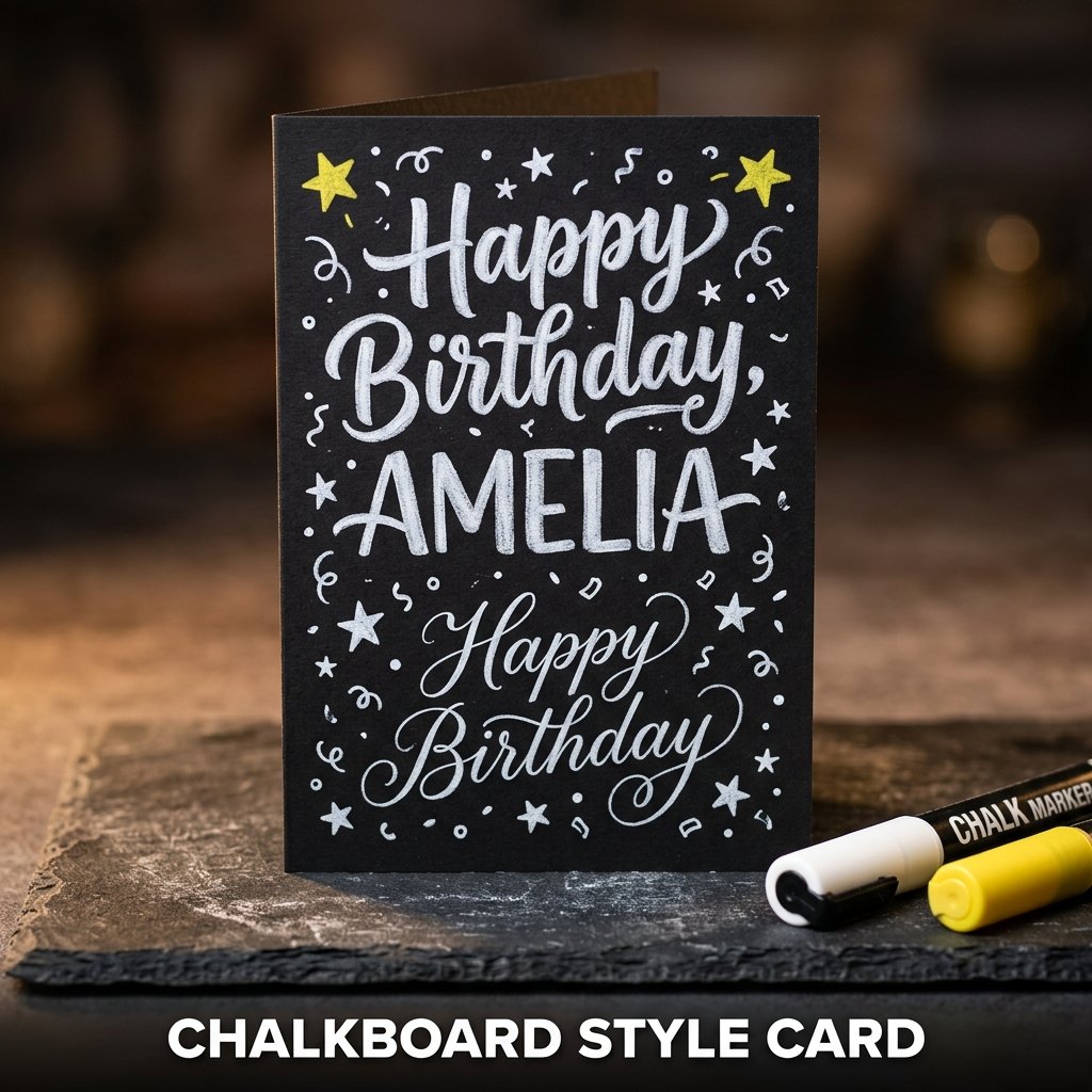 A chalkboard-inspired birthday card made from black paper with elegant faux-calligraphy and small stars drawn in smooth white chalk markers